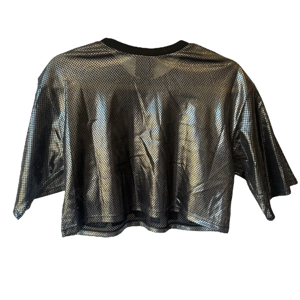 Ivy Park NWT Metallic mesh crop top XS Gunmetal silver black Womens T-shirt NEW - Picture 2 of 7